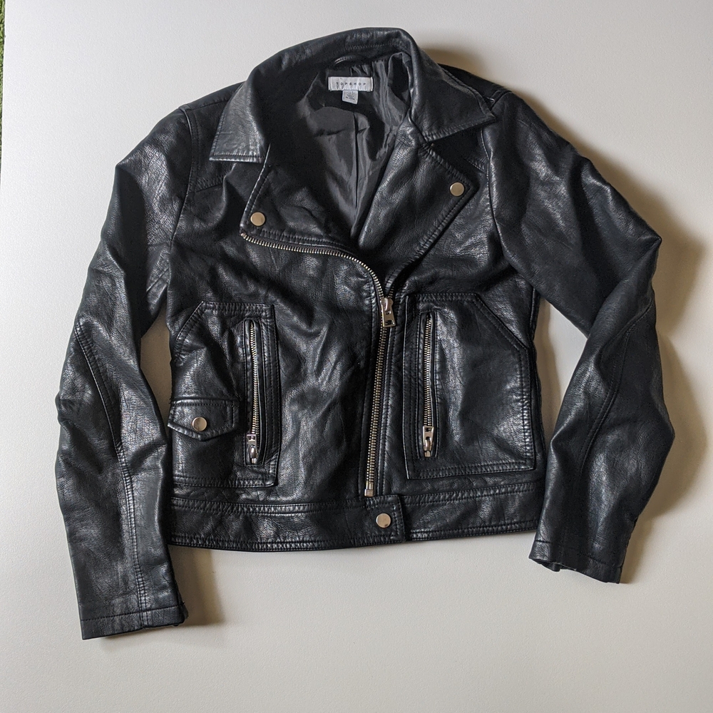 Topshop Black Leather Motorcycle Jacket Asymmetrical Zipper